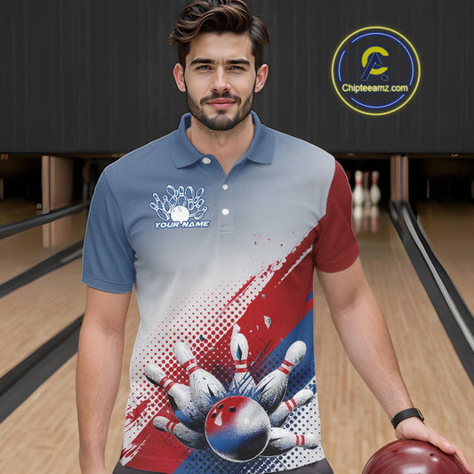 Custom Red, White And Blue Patriotic Bowling Polo Shirts For Men, Bowling League Shirt IPHW9544