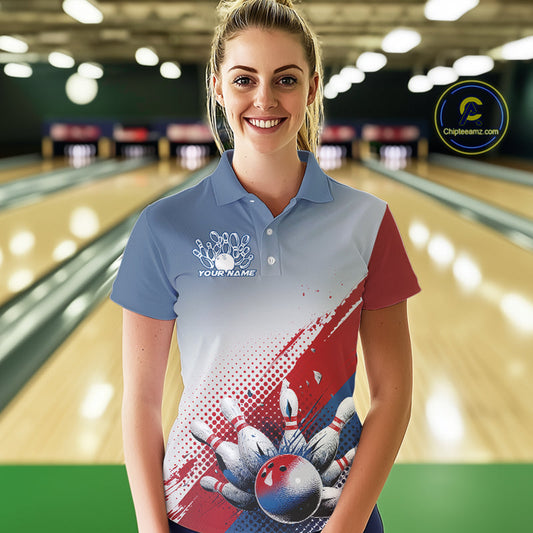 Custom Red, White And Blue Patriotic Bowling Polo Shirts For Women, Bowling League Shirt IPHW9544