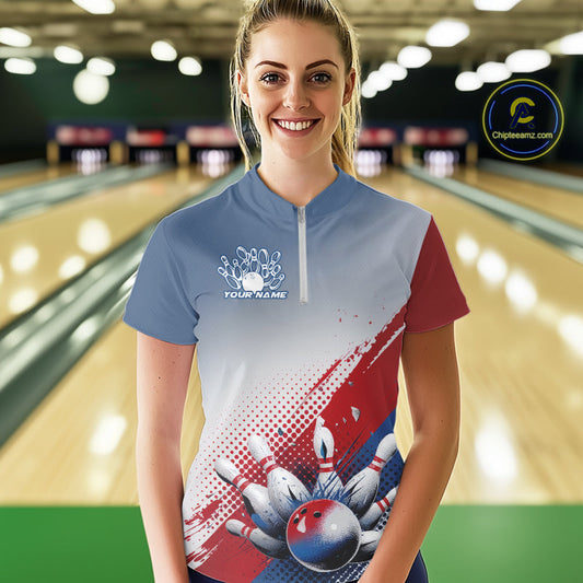 Custom Red, White And Blue Patriotic Women Quarter-Zip Bowling League Shirt IPHW9544