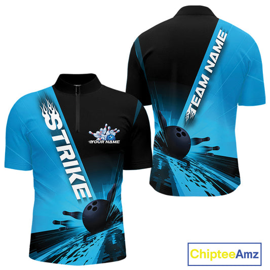 Custom Black And Blue Strike Bowling Quarter-Zip Shirts For Men, Bowling Team Uniform IPHW9552