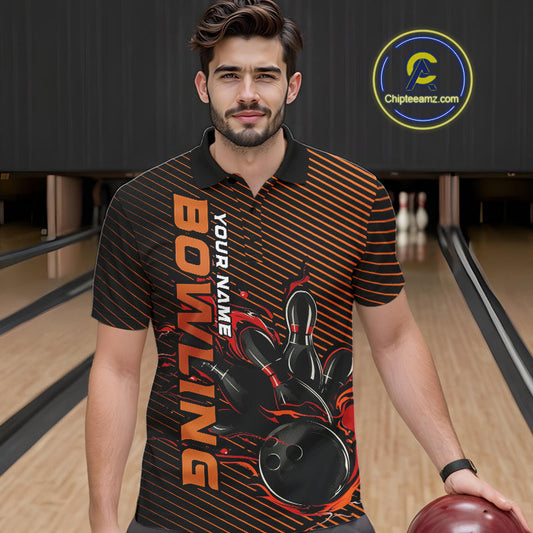 Custom Red Orange Flame Bowling Polo Shirts For Men, Bowling Tournament Team Shirt IPHW9403
