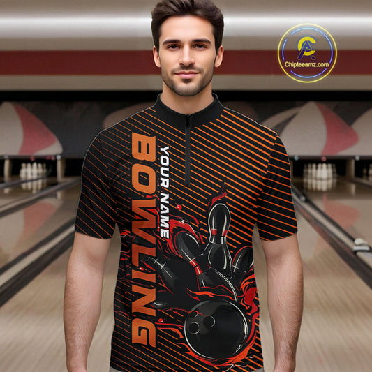 Custom Red Orange Flame Bowling Quarter-Zip Shirts For Men, Bowling Tournament Team Shirt IPHW9403