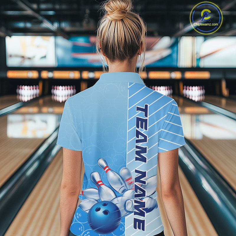Custom Blue Bowling Pattern Team Women Quarter-Zip Shirts, Bowling Tournament Shirt IPHW9406