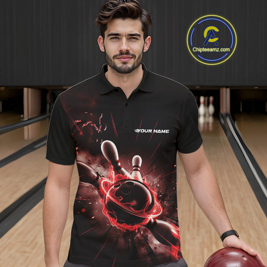 Custom Galaxy Red Flame Bowling Polo Shirt For Men, Bowling League Team Uniform IPHW9569