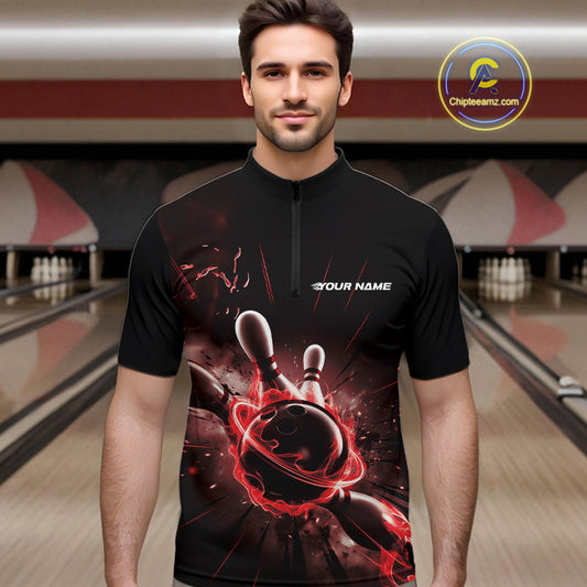 Custom Galaxy Red Flame Bowling Quarter-Zip Shirt For Men, Bowling League Team Uniform IPHW9569