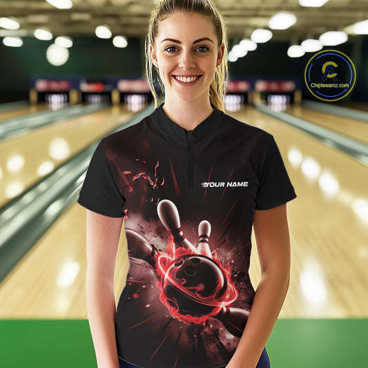 Custom Galaxy Red Flame Bowling Quarter-Zip Shirt For Women, Bowling League Team Uniform IPHW9569