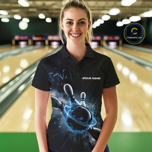 Custom Galaxy Blue Flame Bowling Polo Shirt For Women, Bowling League Team Uniform IPHW9570