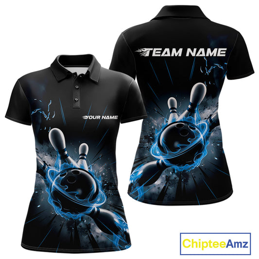 Custom Galaxy Blue Flame Bowling Polo Shirt For Women, Bowling League Team Uniform IPHW9570