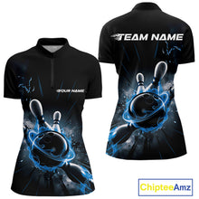 Load image into Gallery viewer, Custom Galaxy Blue Flame Bowling Quarter-Zip Shirt For Women, Bowling League Team Uniform IPHW9570