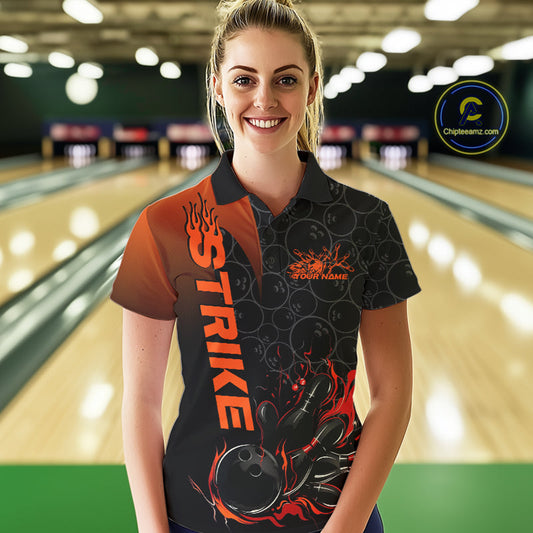 Custom Bowling Pattern Red Flame Strike Bowling Team Women Polo Shirts, Bowling Jerseys IPHW9415