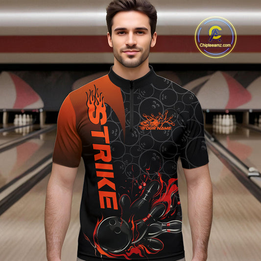 Custom Bowling Pattern Red Flame Strike Bowling Team Men Quarter-Zip Shirts, Bowling Jerseys IPHW9415