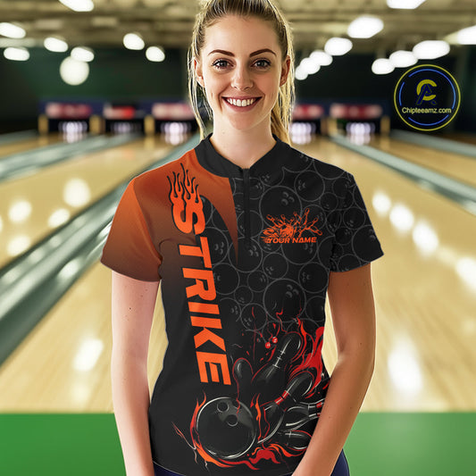 Custom Bowling Pattern Red Flame Strike Bowling Team Women Quarter-Zip Shirts IPHW9415