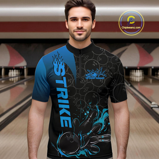 Custom Bowling Pattern Blue Flame Strike Bowling Team Men Quarter-Zip Shirts, Bowling Jerseys IPHW9416
