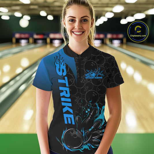 Custom Bowling Pattern Blue Flame Strike Bowling Team Women Quarter-Zip Shirts IPHW9416