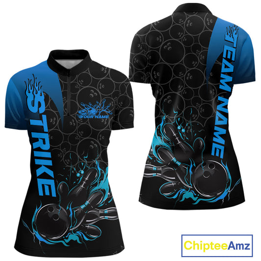 Custom Bowling Pattern Blue Flame Strike Bowling Team Women Quarter-Zip Shirts IPHW9416