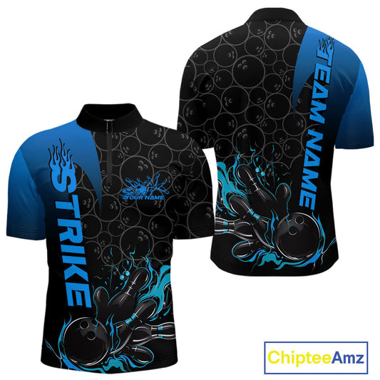 Custom Bowling Pattern Blue Flame Strike Bowling Team Men Quarter-Zip Shirts, Bowling Jerseys IPHW9416