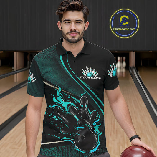Custom Black And Blue Fire Flame Bowling Team Men Polo Shirts, Bowling Jerseys IPHW9419