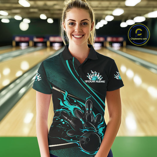 Custom Black And Blue Fire Flame Bowling Team Women Polo Shirts, Bowling Jerseys IPHW9419