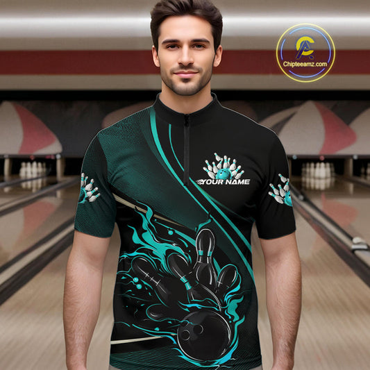 Custom Black And Blue Fire Flame Bowling Team Men Quarter-Zip Shirts, Bowling Jerseys IPHW9419