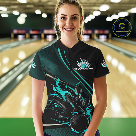 Custom Black And Blue Fire Flame Bowling Team Women Quarter-Zip Shirts, Bowling Jerseys IPHW9419