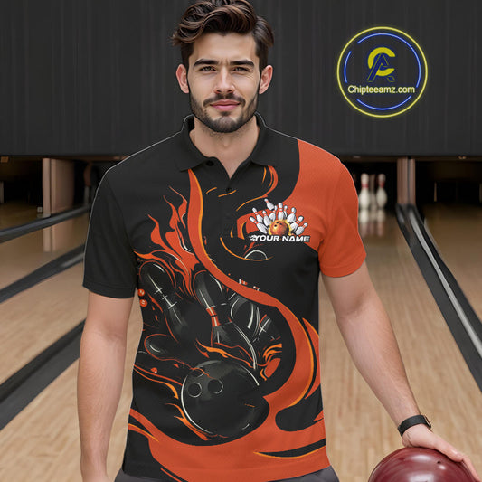 Custom Black And Orange Flame Bowling Polo Shirts For Men, Bowling Tournament Team Uniform IPHW9246