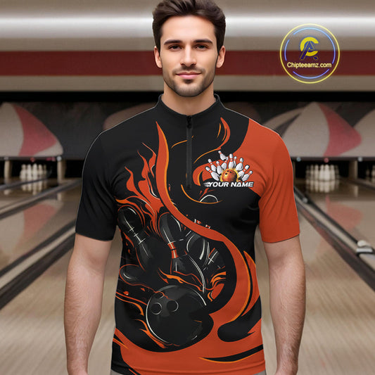 Custom Black And Orange Flame Bowling Quarter-Zip Shirts For Men, Bowling Tournament Team Uniform IPHW9246