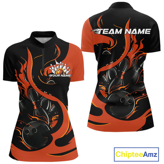 Custom Black And Orange Flame Bowling Women Quarter-Zip Shirt, Bowling Team Uniform IPHW9246