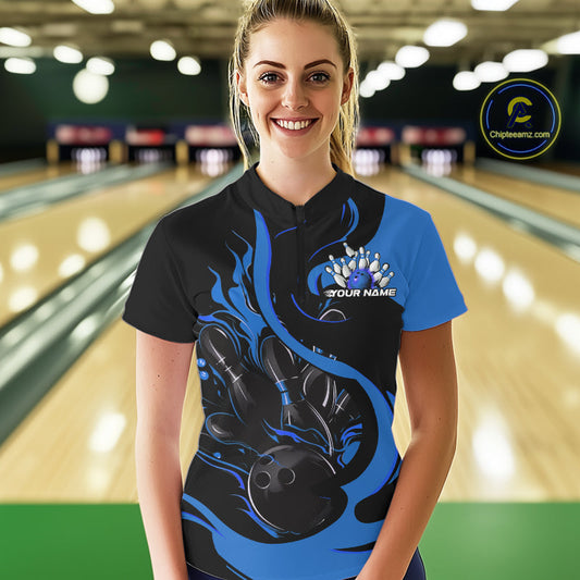 Custom Black And Blue Flame Bowling Women Quarter-Zip Shirt, Bowling Team Uniform IPHW9247