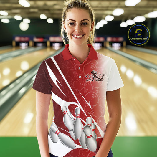 Custom Red Bowling Pattern Bowling Team Polo Shirts For Women, Red Bowling Jerseys IPHW9427