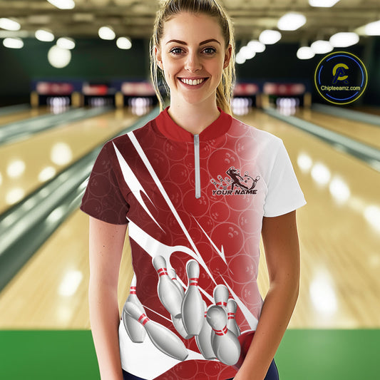 Custom Red Bowling Pattern Bowling Team Women Quarter-Zip Shirts, Red Bowling Jerseys IPHW9427