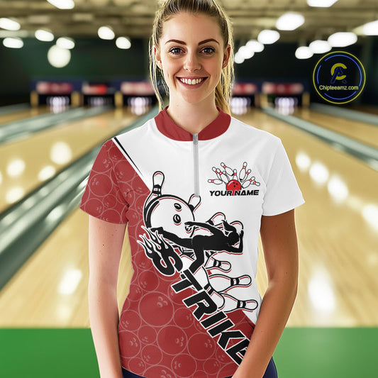 Cusom Red Strike Bowling Team Women Quarter-Zip Shirt, Bowling League Shirt Bowler Outfit IPHW9259