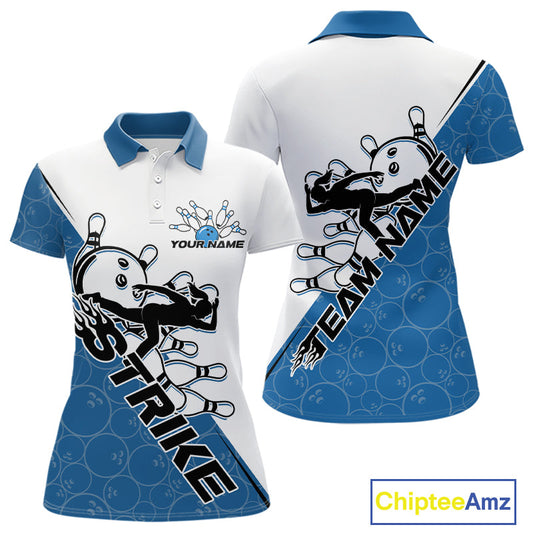 Cusom Blue Strike Bowling Team Polo Shirts For Women, Bowling League Shirt Bowlers Outfit IPHW9260