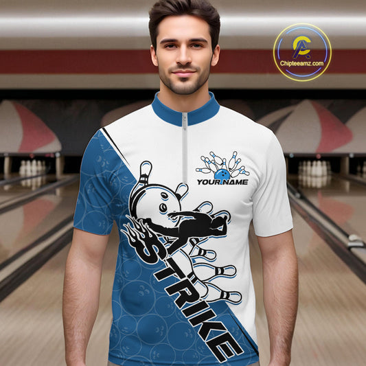 Cusom Blue Strike Bowling Team Quarter-Zip Shirts For Men, Bowling League Shirt Bowlers Outfit IPHW9260