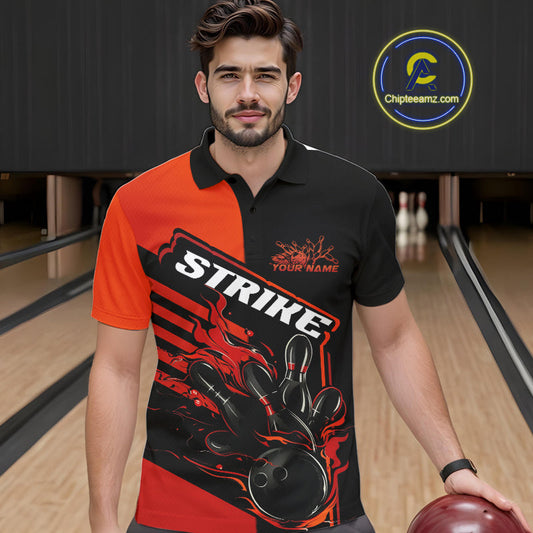 Custom Red Orange Flame Strike Bowling Polo Shirts For Men, Fire Bowling League Shirt IPHW9267