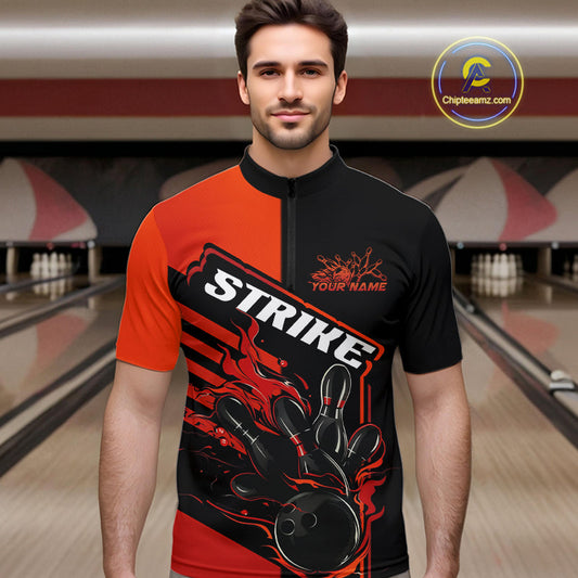 Custom Red Orange Flame Strike Bowling Quarter-Zip Shirts For Men, Fire Bowling League Shirt IPHW9267