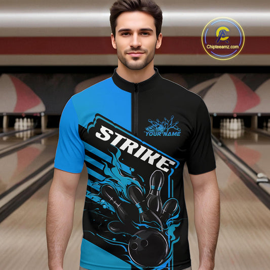 Custom Black And Blue Flame Strike Bowling Quarter-Zip Shirts For Men, Fire Bowling League Shirt IPHW9268