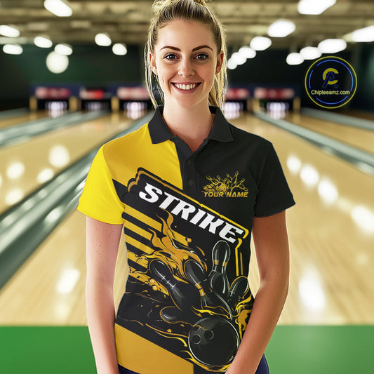 Custom Black And Gold Flame Strike Bowling Polo Shirts For Women, Bowling League Shirt IPHW9270