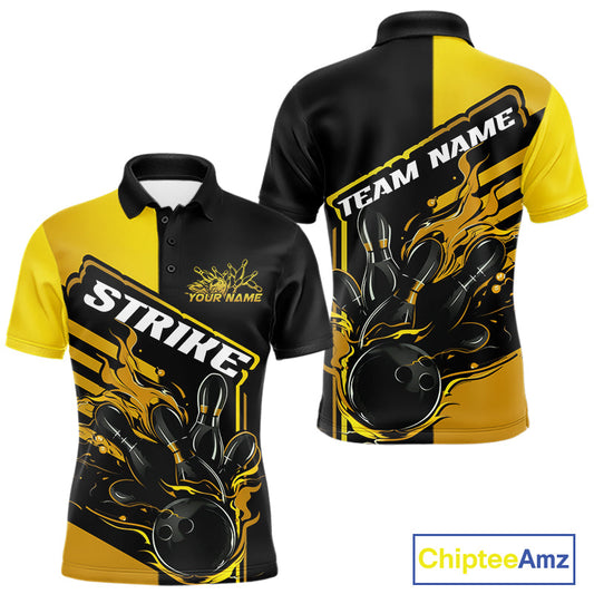 Custom Black And Gold Flame Strike Bowling Polo Shirts For Men, Fire Bowling League Shirt IPHW9270