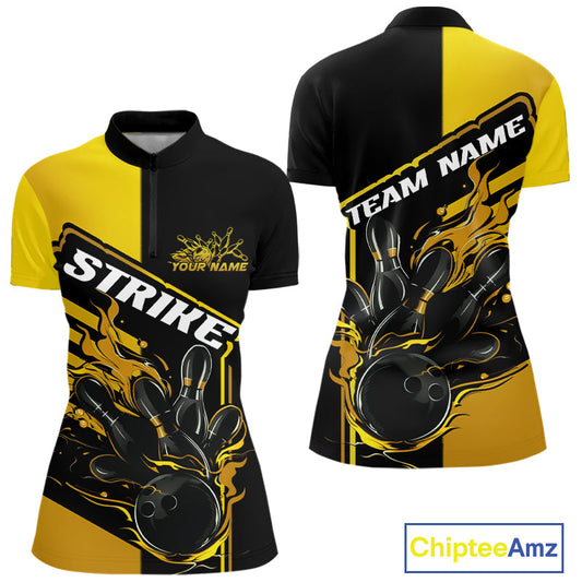 Custom Black And Gold Flame Strike Bowling Women Quarter-Zip Shirt, Bowling League Shirt IPHW9270