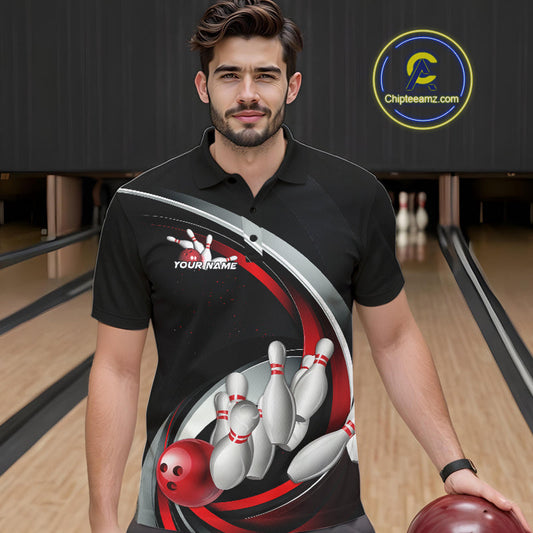 Custom Black And Red Bowling Team Jerseys, Bowler Uniform Bowling Polo Shirts For Men IPHW9276