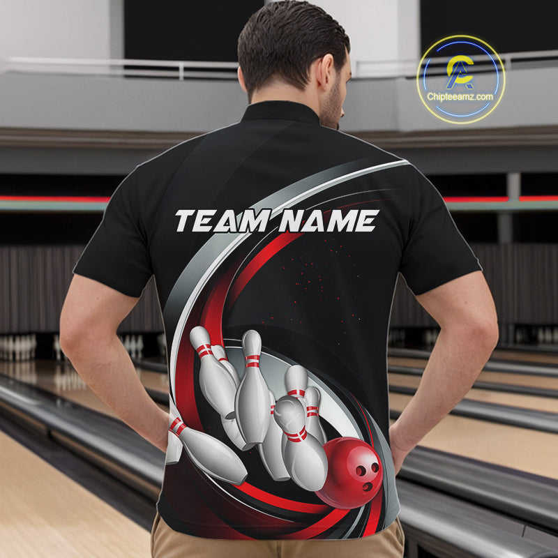Custom Black And Red Bowling Team Jerseys, Bowler Uniform Bowling Quarter-Zip Shirts For Men IPHW9276