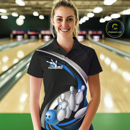 Custom Black Blue Bowling Team Jerseys, Bowler Uniform Bowling Polo Shirts For Women IPHW9277