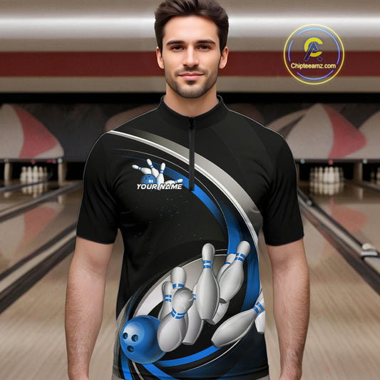 Custom Black Blue Bowling Team Jerseys, Bowler Uniform Bowling Quarter-Zip Shirts For Men IPHW9277