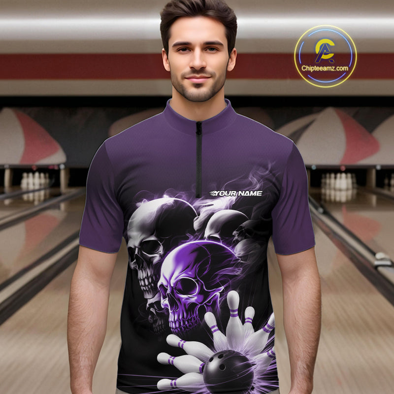 Custom Purple Smoke Skull Bowling Quarter-Zip Shirts For Men, Ghostly Halloween Bowling Outfit IPHW9521