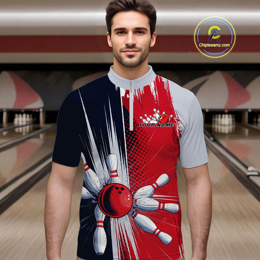 Custom Red, White And Blue Bowling Team Quarter-Zip Shirts For Men, Bowling Jerseys IPHW9546