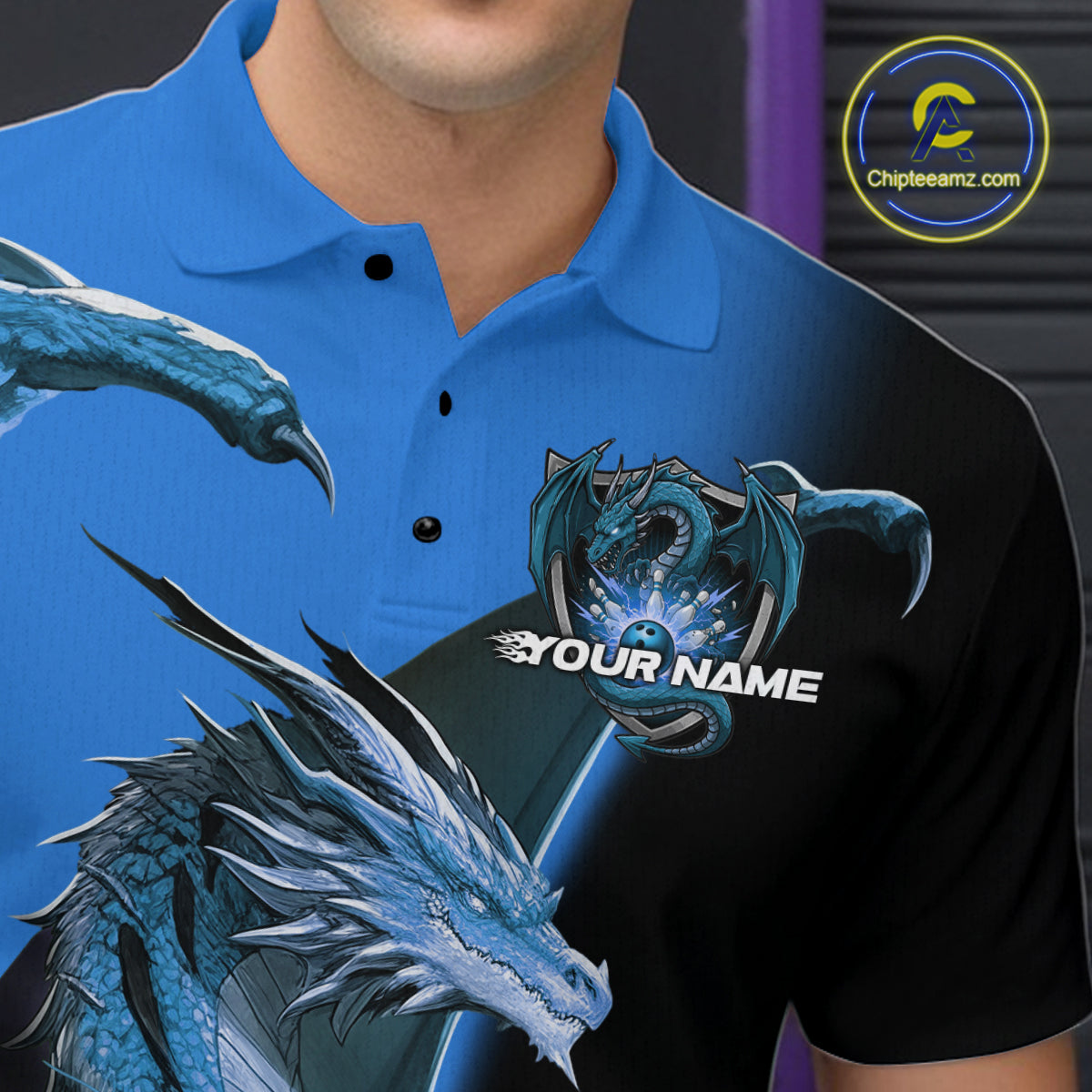 Custom Blue Dragon Flame Bowling Polo Shirts For Men, Bowling Tournament Shirt IPHW9331
