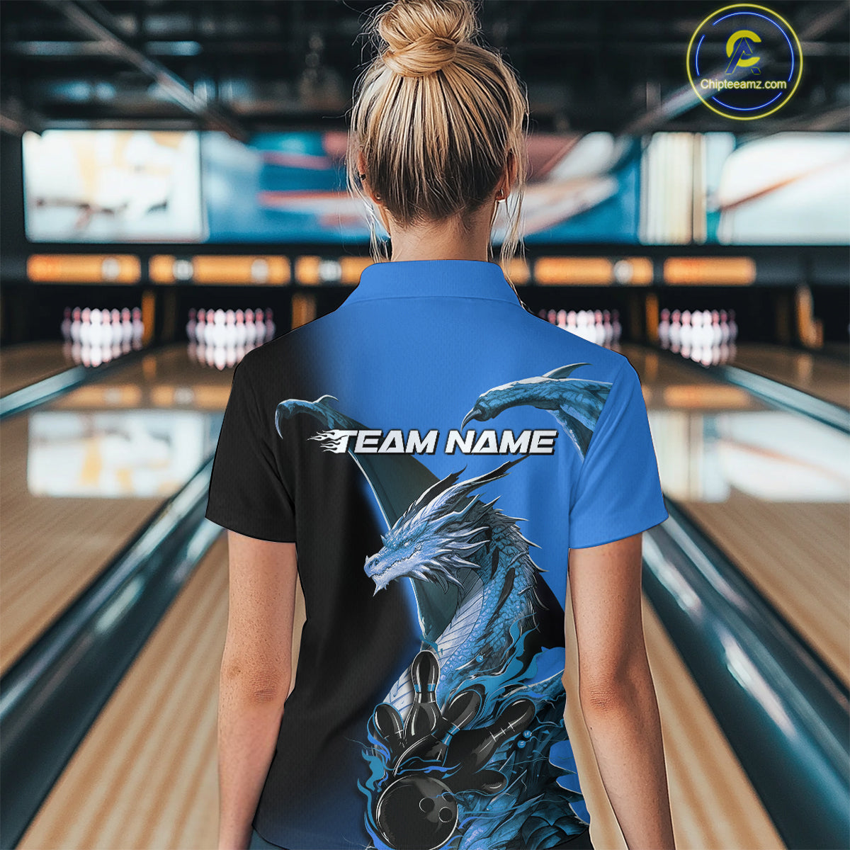 Custom Blue Dragon Flame Bowling Quarter-Zip Shirt For Women, Bowling Tournament Shirt IPHW9331