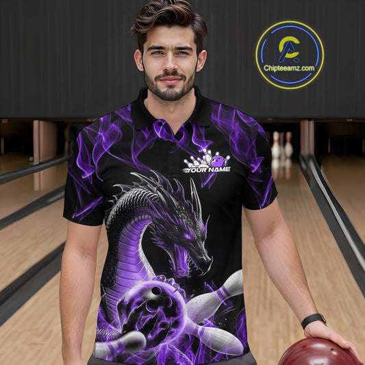 Custom Black And Purple Fire Flame Dragon Bowling Polo Shirt For Men, Dragon Bowling Jersey IPHW9823