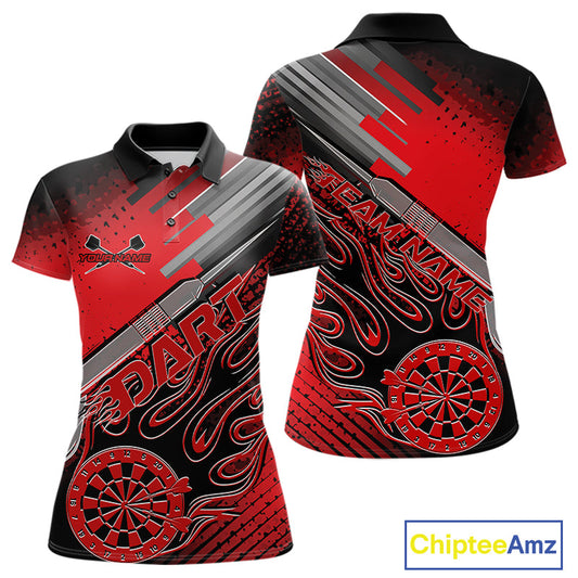 Custom Black And Red Flame Dartboard Dart Polo Shirts For Women, Dart Team Uniform IPHW9684