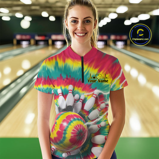 Custom Colorful Tie Dye Bowling Quarter-Zip Shirts For Women, Rainbow Bowling Outfit IPHW9116